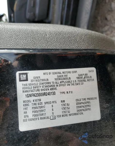 2009 Chevrolet Tahoe K1500 Lt from USA, damaged, VIN 1GNFK23009R240130